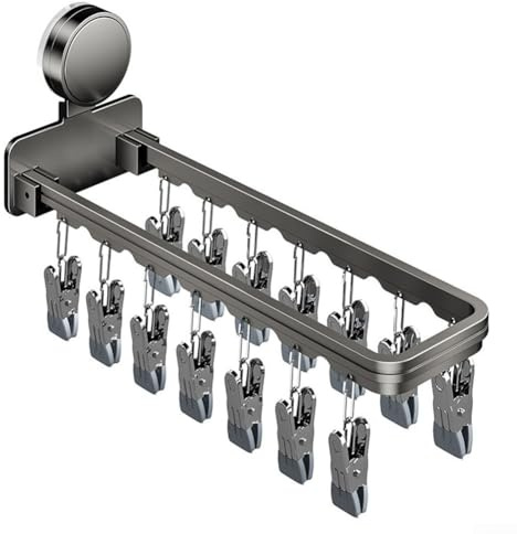 Estante de secado de calcetines plegable con base de ventosa y 16 clips, construcción de aluminio resistente al viento y ABS con gancho giratorio (14 (gris)