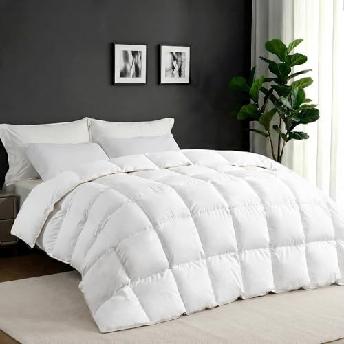 UNIKOME Goose Feather Down Fiber Comforter Queen/Full Size, All Season Duvet Insert with Soft Downproof Cover, Medium Warm Hotel-Luxury Fluffy Quilted Bed Comforter (88X88, White)