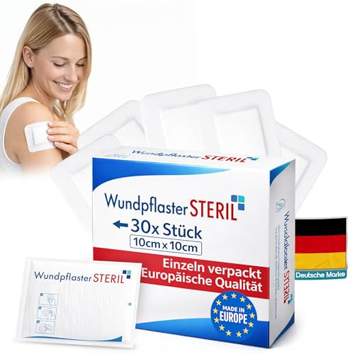 Wundpflaster steril 10x10 cm – 30 Stück einzeln verpackt | Selbstklebender Wundverband mit saugfähiger Wundauflage | Pflaster atmungsaktiv & hautfreundlich