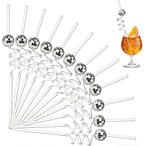 12Pcs Disco Straws, Reusable Mirror Disco Ball Straws | 1970s Decorative Party Straws for Themed Decorations, Cocktails, Weddings, Birthdays (Silver)
