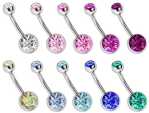 Bauchnabel Piercing SET Stahl, 10 x Banane in 1,6 x mm mit 8 mm + 5 mm Steinkugel