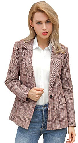 Allegra K Blazers para Mujer Chaqueta Tipo Blazer a Cuadros con Solapa con Muesca Boyfriend borgoña L