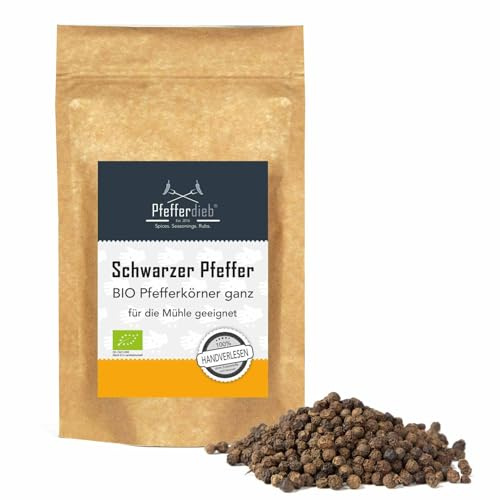 Schwarzer Pfeffer BIO | Pfefferkörner ganz | Premium Qualität direkt aus Gewürzgarten, 250g - Pfefferdieb®