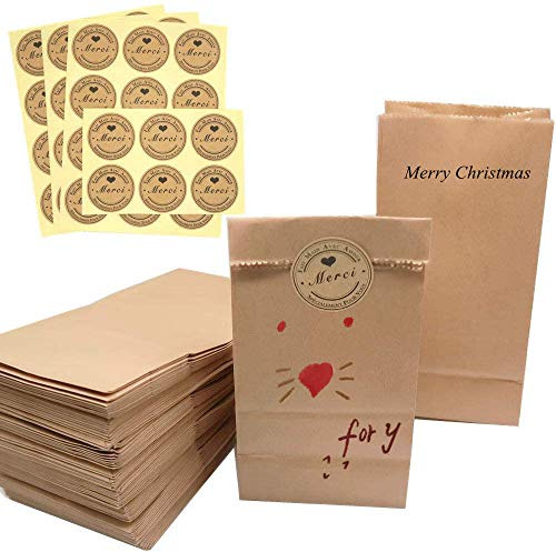 40 Sacs en Papier Kraft avec Étiquettes Merci - Pochette Cadeau Alimentaire pour Fêtes/Anniversaire - Petit Format à Pain
