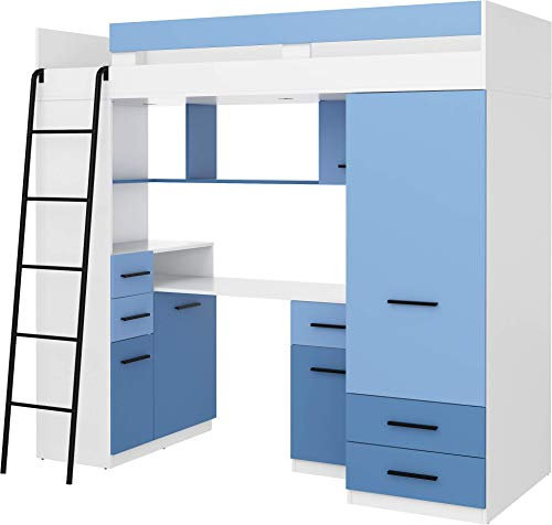 FurnitureByJDM Hochbett mit Schreibtisch, Kleiderschrank und Stauraum – Jugendbett für Kinderzimmer (110x204 cm) – Kinderbett mit 90x200 cm Matratzengröße – Linke Leiter – SMYK (Weiß/Himmelblau)