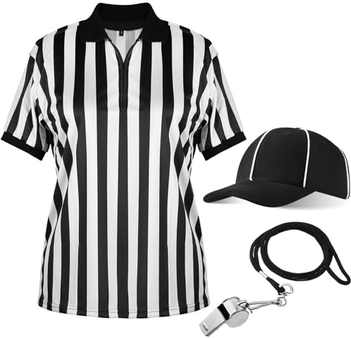 Geyoga 4 Pcs Men's Official Referee Costume Set Black and White Stripe Referee Shirt Hat Whistle Lanyard for Carnival(L)