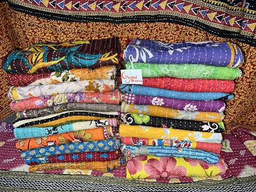 Gajanad Artistry 2 Piece Handmade Indian Vintage Kantha Quilts Reversible Bohemian Home Decor Blanket – Quilt for Sale Bed Sheet Bedspread -Assorted Color Twin Size 85X55 Inches Multi