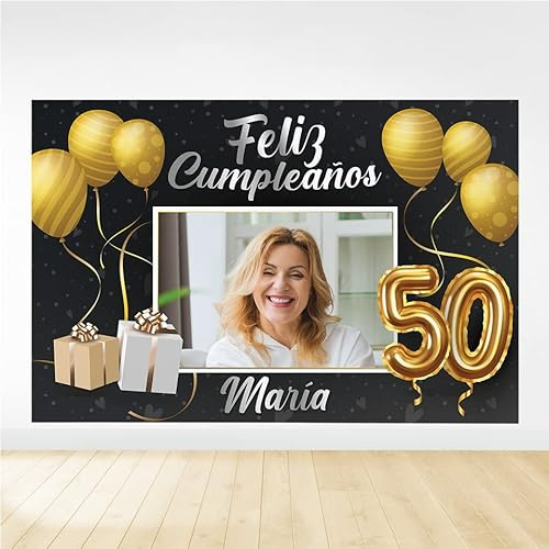 Photocall cumpleaños Personalizado | Nombre y Edad | Elegante Impreso en Lona | para Fiestas económico y Original. Onepersonal ( 50 cumpleaños)