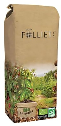 CAFÉS FOLLIET - Café En Grains Bio Philomène - Torréfaction Lente - Intensité 9/10-100% Arabica - Cafés Verts Amérique Centrale, Afrique & Asie - 1kg
