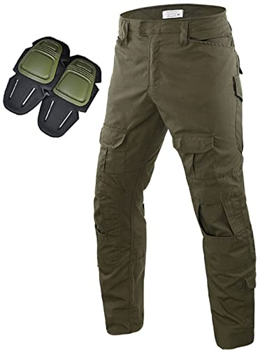 Uugood Pantalones Militares Hombre Pantalones tácticos multicámara Multi-Bolsillos Camuflaje Combat BDU Pantalones de Paintball Airsoft Caza Disparo Camo con Rodilleras (Ejército Verde, XL)