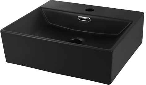 ML-Design Waschbecken aus Keramik Schwarz 415x360x130 mm Eckige Aufsatzwaschbecken, Moderne Waschtisch, Waschschale mit Überlauf und Abflussloch, Waschplatz Handwaschbecken, für Badezimmer/Gäste-WC