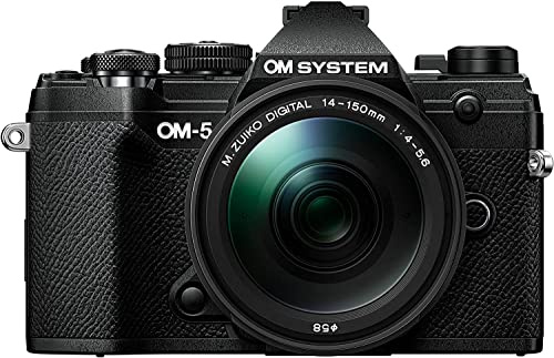 OM System OM-5 Cámara del Sistema Micro Cuatro Tercios Incl. Objetivo M.Zuiko Digital 14-150mm F4-5.6 II, 20 MP Live Mos Sensor, Estabilización de Imagen Mejorada en 5 Ejes, IP53, Negro