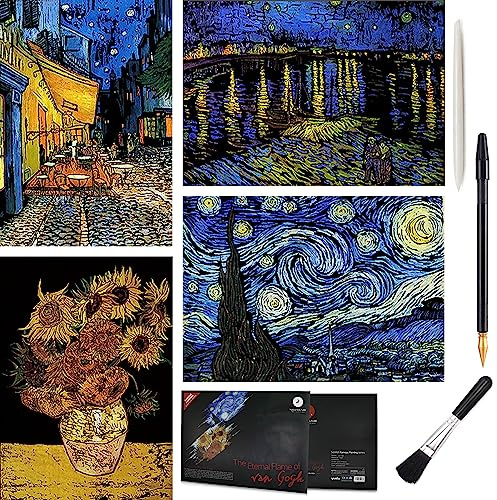 Artsper Scratch Art Rainbow Painting Paper, Vincent Van Gogh Engraving & Craft Sets, DIY Sketch Card Scratchboard for Kids Adults, Cafe Terrace at Night, Sunflowers, Starry Night Over the Rhone 4 Pcs