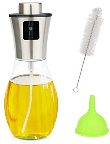 TONZN Botella de vinagre antifugas, Spray de Aceite de Oliva de 6.8 onzas, pulverizador de Aceite para Bomba de Aceite de Cocina con Botella de Vidrio Plateada, Accesorios de Cocina