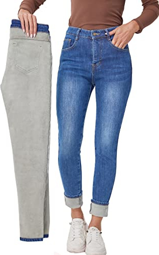 Fakanhui Jeans termici invernali foderati in pile da donna indossano Jeggings Denim Skinny Pantaloni Leggings, Chiusura lampo Blu73, M