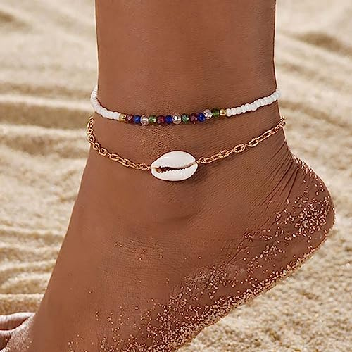 Edary Boho-Muschel-Fußkettchen, Silberperlen, Fußkettchen, handgefertigt, Strandfußschmuck, für Damen und Mädchen