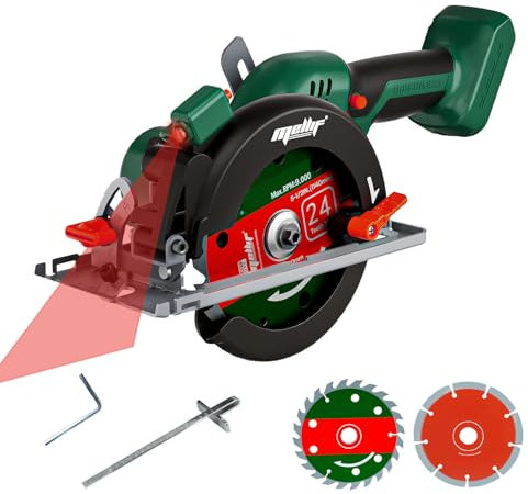 Mellif Sierra circular inalámbrica para batería Makita de 18 V, sierra circular sin escobillas de 6900 rpm con guía láser, 2 hojas de sierra (140 mm), regla de escala, ángulo y profundidad ajustables