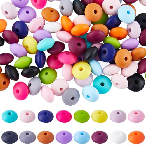 SUNNYCLUE 150PCS 15 COULEURS 12mm Perles De Boulier En Silicone En Vrac En Forme De Lentille Perles De Silicone Mignonnes Plat Rond En Caoutchouc Doux Perles d'Espacement pour Porte-Clés Perlables