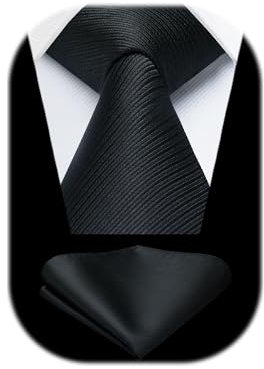 HISDERN Krawatten für Herren Schwarz Klassische Hochzeit Krawatte mit Einstecktuch Set Formal Elegante Business