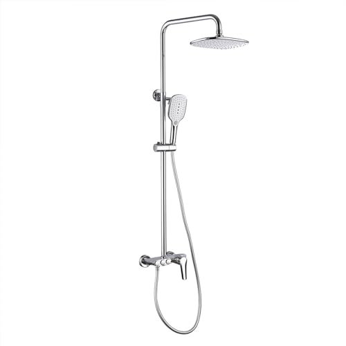 BiaoTeng Colonne de Douche Avec Mitigeur pour BaigNoire, Monocommande Murale 3 Fonctions en Laiton Colonne de Douche Fixation Murale Réglable, Chrome