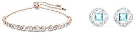 Swarovski Emily Bracelet, White Round Cut Crystals in a Rose Gold Tone Plated & Angelic Square Stud Pierced Earrings, Aqua, Rhodium plated, Angelic Square Collection