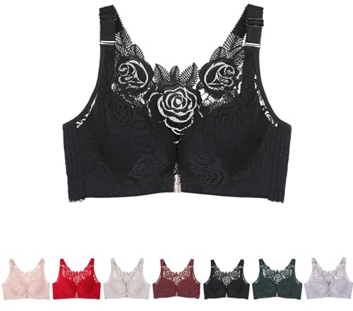 BDROX Floral Secrets Comfort Rose Bra,Seamless Front Closure Lace Butterfly Daily Bras,Women's Front Closure Bra (Black,36/80C)
