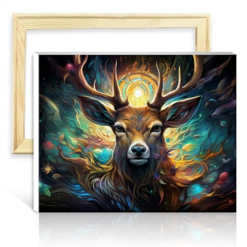 LiHEQING Ölgemälde auf Leinwand, Hirsch, Malen nach Zahlen, für Erwachsene und Anfänger, mit Pinseln und Acrylfarben, Zahlenmalerei, Wandkunst, ohne Rahmen (60 x 75 cm)