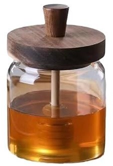 Frasco de miel de vidrio borosilicato con tapa de madera-Contenedor de almacenamiento de alimentos transparente de 400ml con barra de agitación para mermeladas de miel, jarabes y especias
