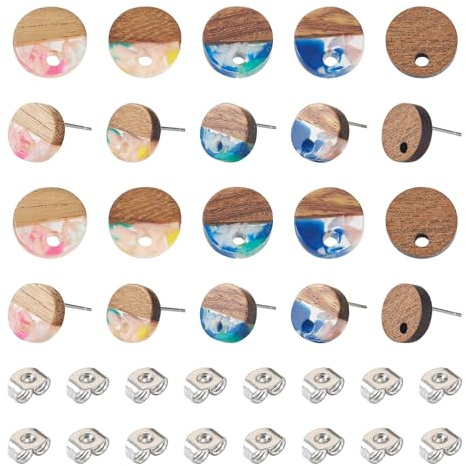 PandaHall Lot de 30 tiges de boucles d'oreilles rondes et plates en bois avec écrous d'oreille pour boucles d'oreilles percées - 10 mm