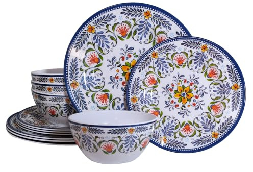 Melamine Dinnerware Set 12-Piece for 4 Dish Set Plates Bowls Unbreakable Dishware for Indoor Outdoor Use Lightweight Durable for Camping Picnics Parties Purple