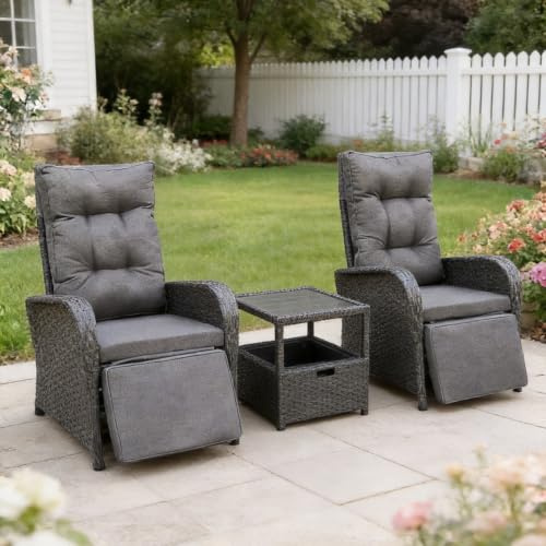 Chusstang 3 Pieces Patio Lounge Chair Set, Rattan Chaise Lounge Sofa Set 2 Seater Recliner with Soft Cushion & Ice Bucket, Outdoor Rattan Wicker Furniture Reclining Chairs Sofa Set - Dark Gray