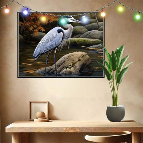 Malen nach Zahlen Erwachsene Reiher,Bach,Paint by Numbers Knitterfreie Leinwand Kit für Anfänger,DIY Basteln Acrylfarbe Handgemalt Ölgemälde Kit für Wand Dekoration Weihnachten Geschenk 100x133cm
