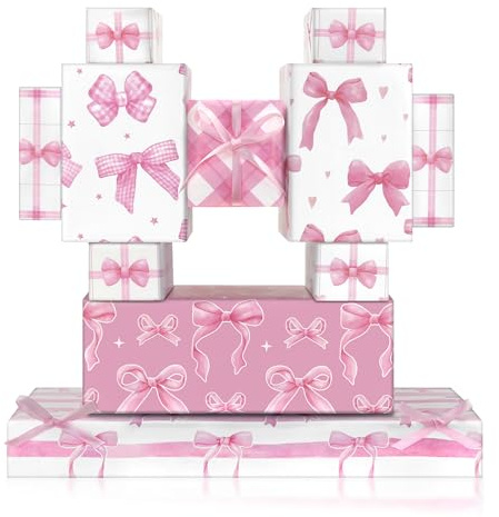 Geschenkpapier mit rosa Schleife für Mädchen und Frauen, rosa und weiß, kariert, Schleife, süßes Prinzessinnen-Geschenkpapier für Valentinstag, Hochzeit, Babyparty, Geburtstag, Kinderschleife, Party