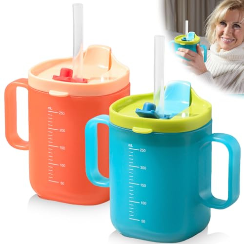 WIYETY 2 Stück Schnabeltasse Senioren: Trinkbecher mit Griff und Tülle, 300 ml Auslaufsichere Becher für ältere Menschen, Trinkbecher für Senioren, Erwachsenen Schnabelbecher(Blau, Orange