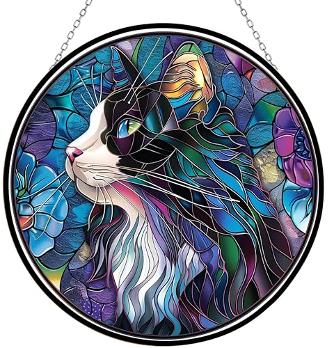 365CUSGIFTS Tuxedo Cat Stained Glass Suncatcher Window Hanging, Gothic Dragon Christmas Ornaments for Fiction Lovers, Dinosaur Room Decor for Nursery New Home Gifts