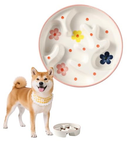 Keramisk anti-sling-skål för hundar – matskål med portionskontroll för medelstora och stora hundar – långsam utfodring hundskål – 310 g innehåll – med doodle-mönster (blomma)