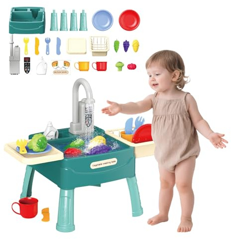 Évier de Jeu avec Eau Courante pour Enfants: Jouet d'évier de Cuisine avec Coupe de Fruits et légumes et Robinet de Travail Évier de Jouet avec Eau Courante Jouets (Green Color)