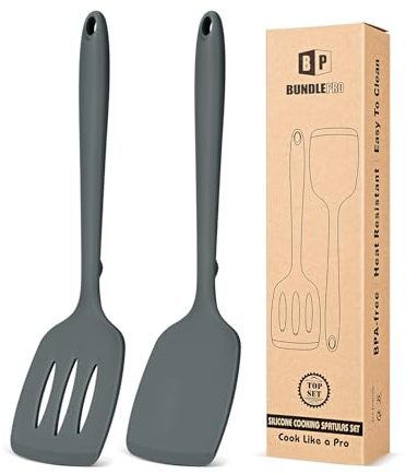 Pack of 2 Silicone Spatula Turners, Non Stick Slotted Kitchen Spatula Set, Heat Resistant BPA Free Kitchen Utensils, One-Piece Design, Suitable for Flipping Fish, Eggs, Steak, Pancakes(Gray)