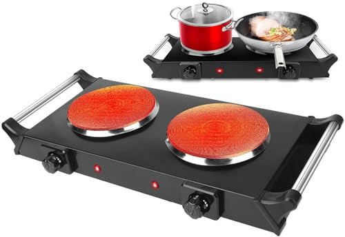 TeqHome Hot Plate, 2000W Portable Electric Stove for Cooking with Stay Cool Handles & 5 Levels Adjustable Temperature, Countertop Double Coil Burner for Home Camp RV Compatible for All Cookwares,Black