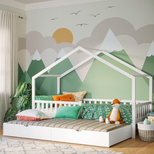 Bellabino Vils Kinderbett 90x200cm, Gästebett & Hausbett, Massivholz Kiefer | Weiß, Kinderbett mit Rausfallschutz & Lattenrost, Montessori-Bett, massives Kieferholz, Bett für Jungen & Mädchen, Bettrahmen