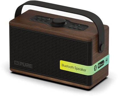 Pure Classic Aura Bluetooth-Lautsprecher 40 Watt, 30h Akku, Licht, USB-C, AUX, IPX2, 2-Wege-Stereo, EQ-Modi – Kaffeebraun mit Walnuss, Holzoptik