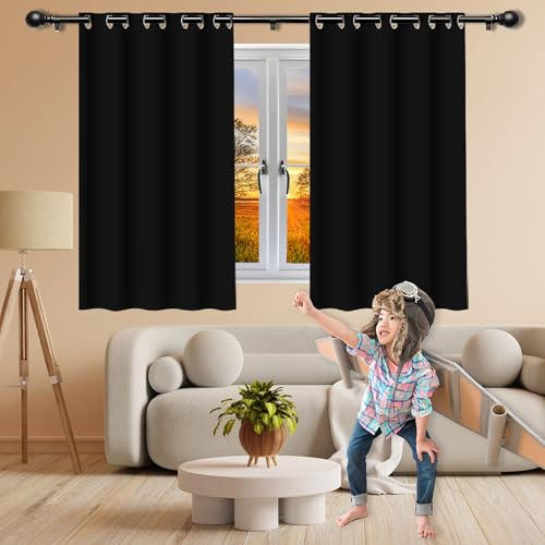 ZYANBIN Verdunklungsvorhänge 1Er Set 120 x 150 cm Einfarbige/Winter Extra Warm/Modern Vorhang Blickdicht, Thermo Vorhang Kurz mit Ösen, Waschbar für Schlafzimmer Kinderzimmer, Schwarz