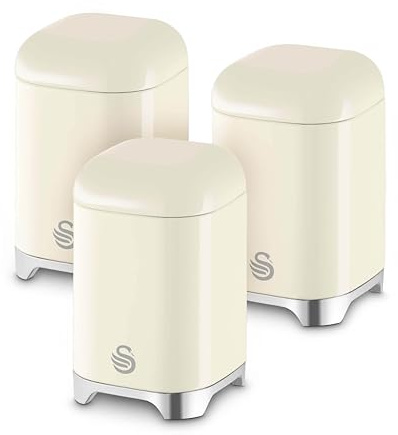 Swan Solace Set of 3 Canisters for Tea, Coffee and Sugar, Durable Iron Body Wipes Clean and Resists Scuffs, Each Canister is 1.5L, Cream, SWKA18541CRM