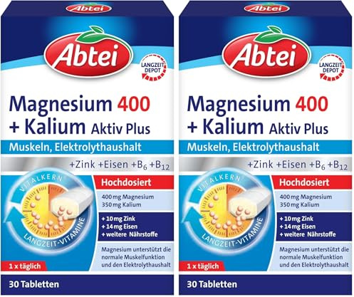 Abtei Magnesium 400 + Kalium Aktiv Plus - hochdosiert, für aktive Muskeln und den Elektrolythaushalt - mit Depot-Effekt - laborgeprüft, vegan - 30 Tabletten (Packung mit 2)