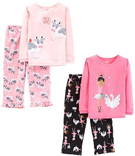 Simple Joys by Carter's Pijama de 4 Piezas (Parte Superior de Algodón y Parte Inferior de Felpa) Niña, Negro Bailarina/Rosa Claro/Rosa Vaca/Cisnes, 5 años