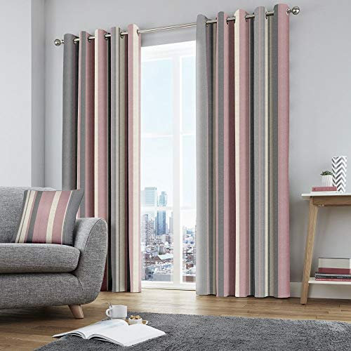 Fusion - Whitworth Stripe - 100% Cotton Pair of Eyelet Curtains - 66 Width x 72 Drop (168 x 183cm) in Blush ,WTTBH66726LZU
