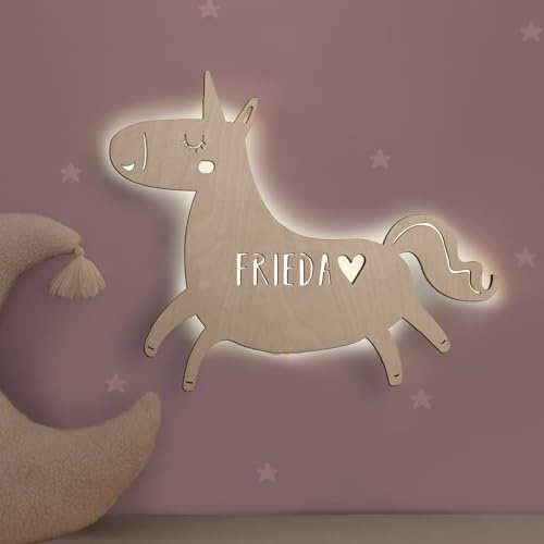 hellomini Personalisierbares LED-Nachtlicht mit Name für Kinder & Babys | Holz-Wandlampe | Schlummerlicht mit Motivwahl – Geschenk zur Geburt & Taufe (Elfi das Einhorn)