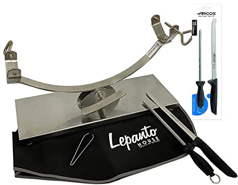 Soporte jamonero basculante, jamonero balancin de acero inoxidable + Cuchillo jamonero Arcos Niza + CHAIRA + Cubre Jamon negro + Pinza LepantoHouse
