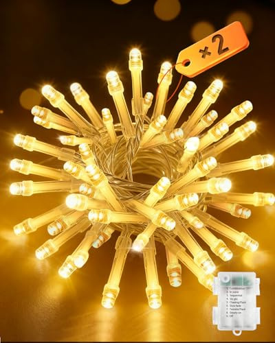 Opard Lichterkette Batterie, 2er Set 50er LED 5M Warmweiß, Lichterkette Weihnachtsbaum, Timer & 8 Modi, IP65 Wasserdicht für Innen & Außen, Schlafzimmer, Garten, Weihnachten, Hochzeit, Party