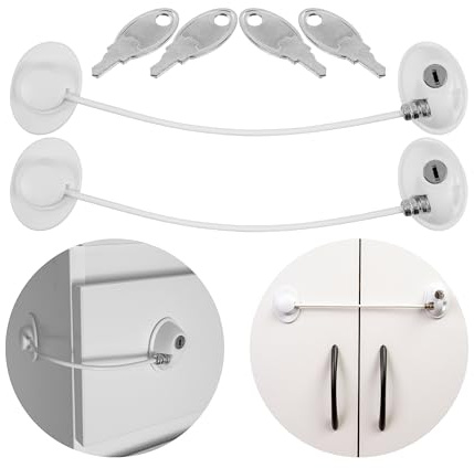 Låsanordning för Kylskåp, Säkra Skåp och Dörrar, 2-pack Självhäftande Låsanordning med 4 Nycklar, Dörrsäkra Lås, Kraftig Vajer, Spårfri Borttagning, Barnsäkerhetsenhet för Hem, Kontor, Vit, 2 x Lock